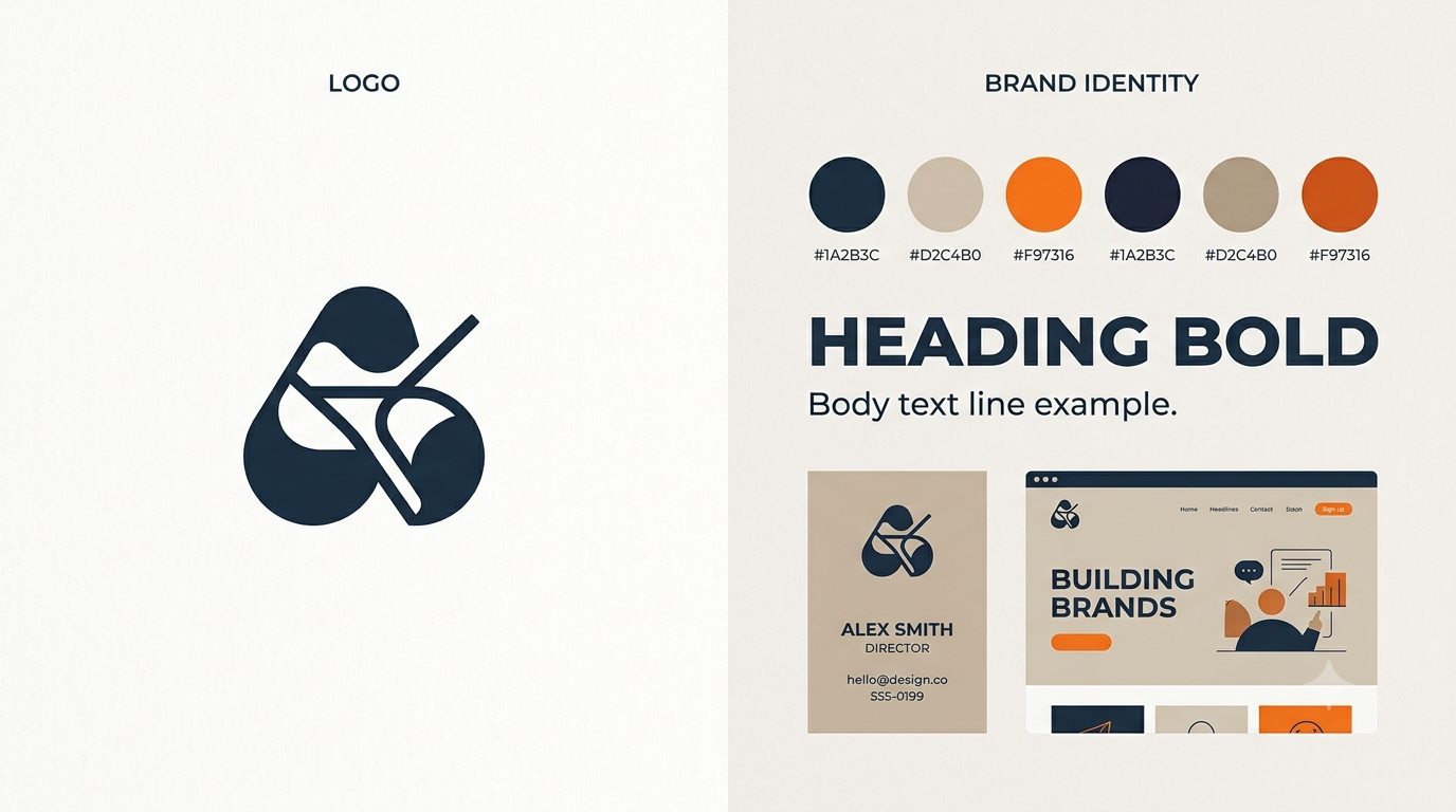 brand identity vs logo — single logo mark beside a full identity system of colour, type, and layout